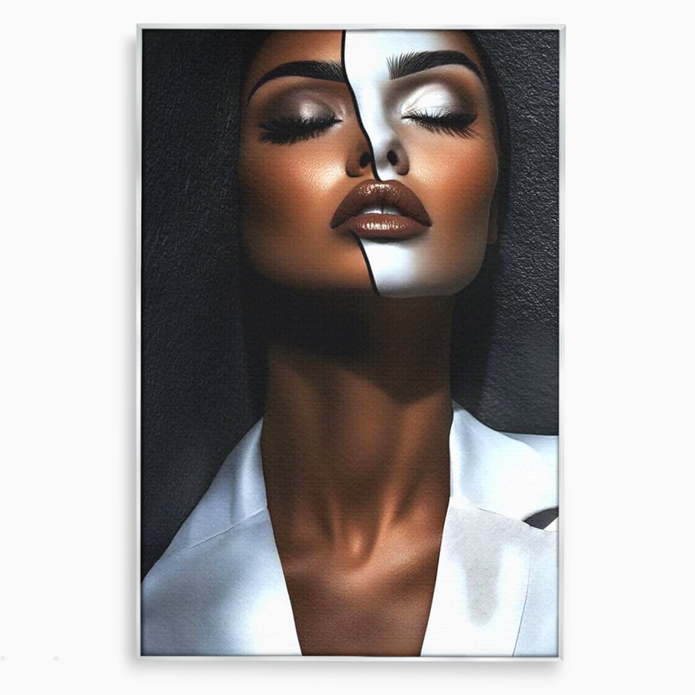 Tablou canvas cu tablou canvas cu portret dual de femeie, in rama de aluminiu argintiu